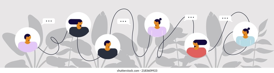 Friends Chatting. Vector Illustration. Simple Avatar On Tropical Background.Young People Are Chatting Using Smartphones With Social Media Elements And Icons. Online Chat Messages. Horizontal Banner.