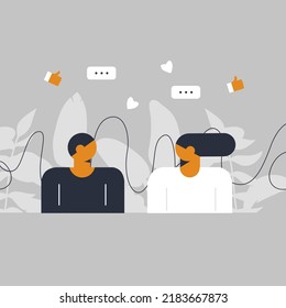 Friends chatting. Vector illustration. Simple avatar on tropical background.Young people are chatting using smartphones with social media elements and icons. Online chat messages. horizontal banner.