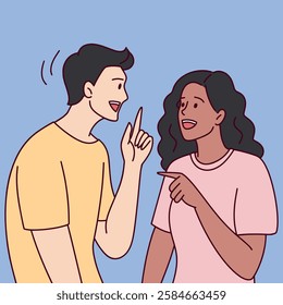 Friends Chatting. A young Black woman and a white man laugh and exchange stories on a blue background.