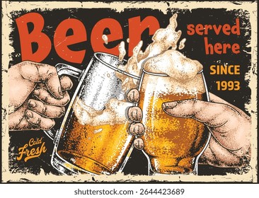 Friends cheerfully clink their glasses filled with foamy golden beer at a cozy bar celebrating the inviting atmosphere and the joy of good company.