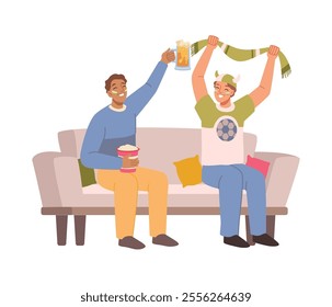 Friends cheerleader fans watching match on sofa fan spending time gesturing and screaming chants. Male football team supporters watching sport match, excited guys celebrating victory