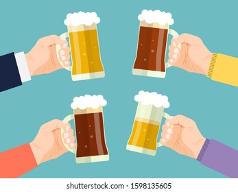 Friends cheers different beer glasses. Party drinking beer with toasting vector illustration. Alcohol parties in friendly pub.