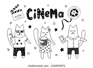 Friends in cinema with tickets, popcorn, drinks. Funny cats having movie night out. Set of abstract isolated design elements. Hand drawn vector black and white illustrations. Cartoon, doodle.