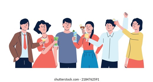 Friends clink glasses cocktails on party. Teen togetherness, drinking alcohol on meeting. Office colleagues event or corporate meet, recent vector characters