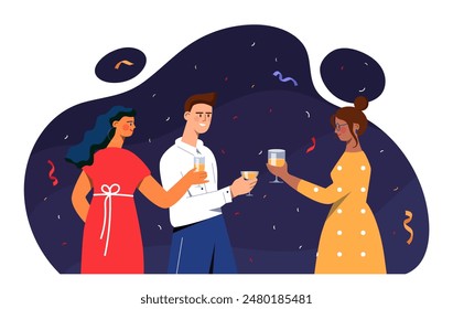 Freunde mit Cocktails auf der Party. Männer und Frauen mit alkoholischen Getränken in Gläsern. Party, Urlaub und Event. Menschen feiern gemeinsam. Cartoon flache Vektorillustration isoliert auf weißem Hintergrund