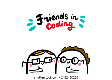 Friends in coding hand drawn vector illustration in cartoon style couple happy minimalism