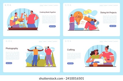 Friends collaborate in cooking, art, photography, and crafting, sharing talents and moments. A blend of culinary skills, creativity, and memories. Flat vector illustration.