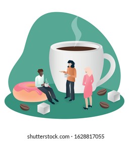 Friends or colleagues at coffee break. Isometric illustration of young man and women communicating over a cup of coffee, talking, relaxing at work, coffee shop, cafe or restaurant. Vector design