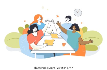 Friends or colleagues giving high fives vector illustration. Cartoon drawing of man and women sitting at table together. Friendship, communication, happiness, teamwork, social skills concept