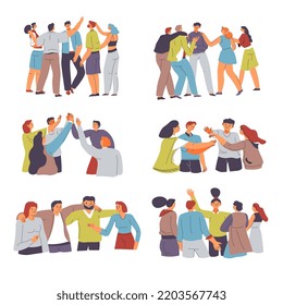 Friends or colleagues meeting and cheering together. Men and women gathering, giving high five and laughing. Interaction and communication with team from office, family. Vector in flat style