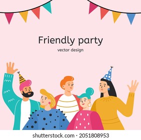 Friends colleagues at a party in trendy modern designer clothes. A joint photo of people, women and men, is informally unusual. Birthday in bright colors in a friendly company. Postcard vector flat.