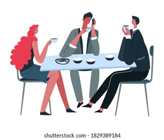 Friends or colleagues spending time by cup of tea or coffee. People talking, discussing news. Male and female character sitting by table. Cafe or restaurant setting. Relaxed business meeting vector