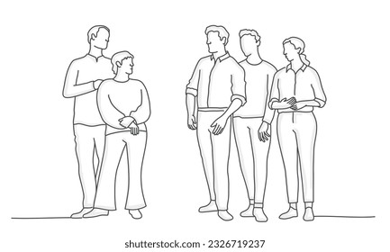 Friends or colleagues stand together. Meeting of business people. Hand drawn vector illustration.