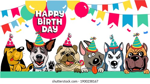 Friends colorful vector illustration. Funny funny dogs congratulate happy birthday surrounded by balloons and flags