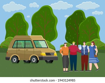 Friends come by truck to forest. People rest and spend time together outdoors. Travel by car