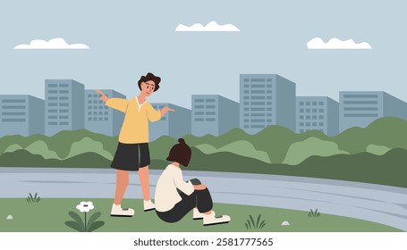 Friends Comforting Each Other illustration. People around river. Urban park. Sitting in the park. Bushes. Building. Playing around the river.