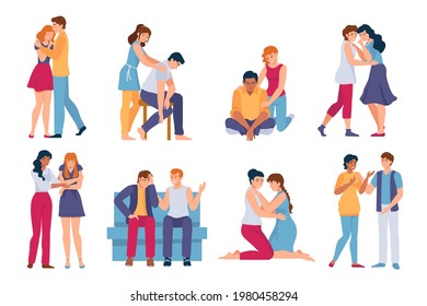 Friends Comforting. Mental Support For Stressed, Sad And Depressed People. Family Hug, Care And Comfort. Woman And Man In Sorrow Vector Set. Illustration Empathy And Support Friend