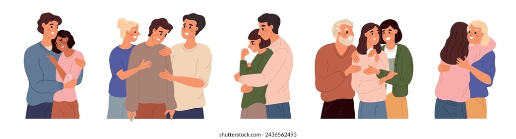 Friends comforting. People condoling. Depressed persons. Sad emotions. Couple hugging and soothing. Man showing empathy and compassion. Woman supporting boyfriend. Garish