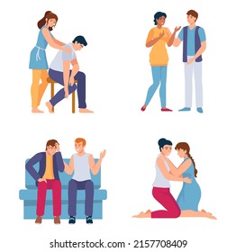 Friends comforting. People supporting depressed and unhappy female and male characters showing empathy. Woman and man in sorrow needing psychological help. Emotional crisis vector set