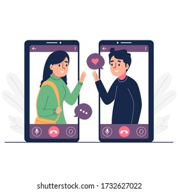 Friends communicating through video call vector illustration