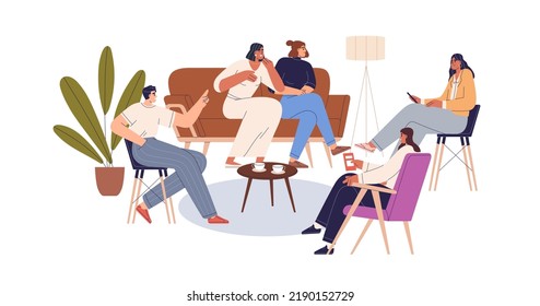 Amigos se comunican, se reúnen en casa. La gente habla, habla, se sienta en el sofá, el sillón en la sala de estar, el salón. Conversación de personajes felices. Ilustración vectorial plana aislada en fondo blanco