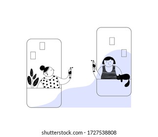 Friends communication using smart phone video call. Two pretty girls talking, chatting, messaging, gossiping and drink wine. Flat vector character illustration.