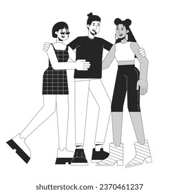 Friends community flat line black white vector characters. Happy people communicate. Friendships. Editable outline full body people. Simple cartoon isolated spot illustration for web graphic design