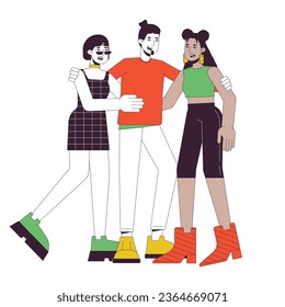 Friends community flat line color vector characters. Happy people communicate. Friendships. Editable outline full body people on white. Simple cartoon spot illustration for web graphic design