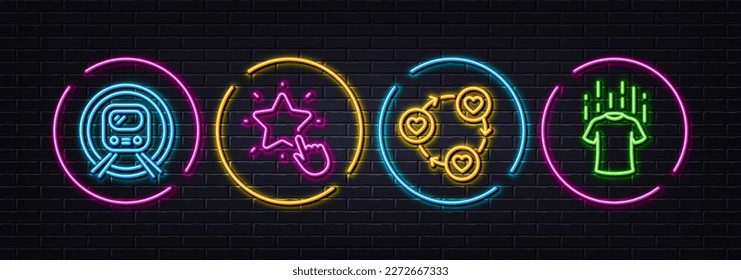 Friends community, Ranking star and Metro subway minimal line icons. Neon laser 3d lights. Dry t-shirt icons. For web, application, printing. Love, Click rank, Underground. Laundry shirt. Vector