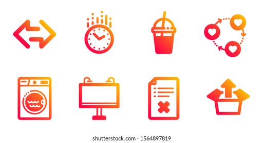 Friends community, Time and Coffee cocktail line icons set. Laundry, Sync and Road banner signs. Reject file, Send box symbols. Love, Clock. Business set. Gradient friends community icons set. Vector