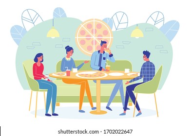 Friends Company Eating Out In Pizzeria At Cafe Or Restaurant Background. Young Men And Women Cartoon Characters Sitting At Table With Big Pizza And Chatting Friendly. Flat Vector Illustration.