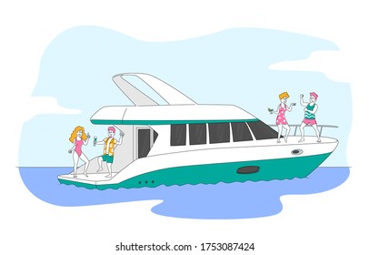 Friends Company Relaxing on Luxury Yacht at Ocean. Summertime Vacation. Happy Male and Female Characters Resting on Ship Deck at Sea, Drinking Champagne, Dancing. Linear People Vector Illustration