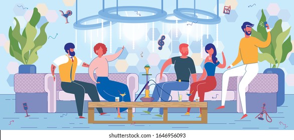 Friends Company Resting Together in Fashion Lounge Bar with Hookah. Comfortable Chill Zone in Bar or Nightclub with People Cartoon Characters Chatting and Communicating. Flat Vector Illustration.