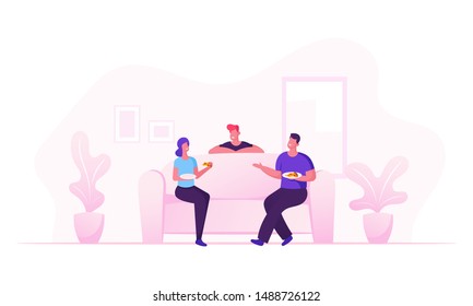 Friends Company Sitting on Couch in Living Room Drinking Beverages Eating Pizza Communicating at Home. Characters Friendship, Chatting People Having Leisure Sparetime Cartoon Flat Vector Illustration