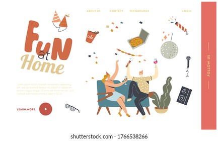 Friends Company Spare Time, Celebration Landing Page Template. Young People Celebrate Home Party Sitting in Living Room Eating Pizza, Drinking Cola or Alcohol. Linear Characters Vector Illustration