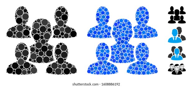 Friends composition of small circles in various sizes and shades, based on friends icon. Vector filled circles are united into blue composition. Dotted friends icon in usual and blue versions.