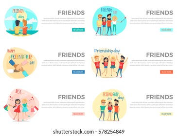 Friends conceptual web banners set. Happy people cartoon characters spending time together flat vector on white. Friends and friendship day colorful internet page templates with joyful men and women