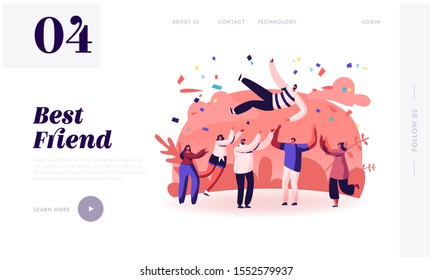 Friends Congratulation Website Landing Page. Young People Tossing Up in Air Man with Confetti Flying Around. People Celebrating Victory Achievement Web Page Banner. Cartoon Flat Vector Illustration