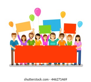 Friends With A Congratulatory Banner In Hands. Holiday. Happy Birthday. Corporate Party, Celebration Or Festival Vector Icon