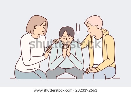 Friends console depressed man suffering from stress after breaking up with girlfriend or being fired from job. Friends support and provide moral assistance for guy who is in difficult life situation.
