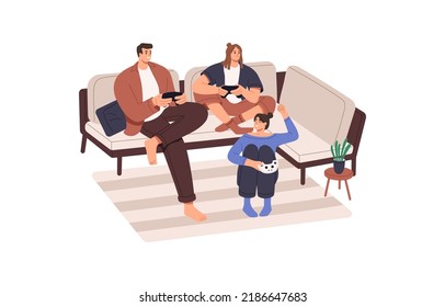 Friends with consoles playing TV video game together. Happy people, man and women sitting on sofa, holding videogame joysticks controllers. Flat vector illustration isolated on white background