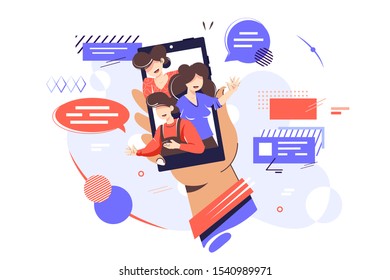 Friends Contacts In Smartphone Vector Illustration. Person Holding Cellphone In Hand. People With Speech Bubbles Waving Hello On Gadget Screen Flat Style Design. Communication, Social Networks Concept