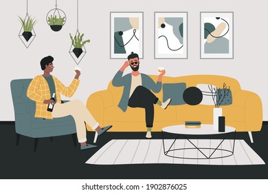 Ilustración vectorial de conversación de amigos. Caricatura feliz hombre amigos personajes sentados en el sofá en el interior de la sala de estar, la gente bebe bebidas alcohólicas y charlas, fondo de amistad masculino