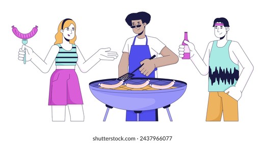 Friends cooking barbeque 2D linear cartoon characters. Multiracial neighbors at bbq party isolated line vector people white background. Grilled food at summer picnic color flat spot illustration