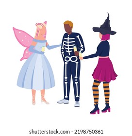 Friends with costumes celebrating Halloween semi flat color vector characters. Editable figures. Full body people on white. Simple cartoon style illustration for web graphic design and animation