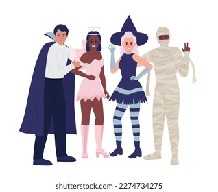 Friends in costumes posing together on party semi flat color vector characters. Editable figures. Full body people on white. Simple cartoon style spot illustration for web graphic design and animation