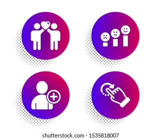 Friends couple, Add user and Customer satisfaction icons simple set. Halftone dots button. Rotation gesture sign. Friendship, Profile settings, Happy smile chart. Undo. People set. Vector
