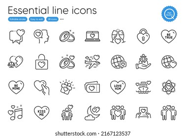 Friends couple, Be mine and Inclusion line icons. Collection of Friendship, Love him, Honeymoon cruise icons. Atom, Wedding locker, Kiss me web elements. Hold heart, Honeymoon travel, Web love. Vector