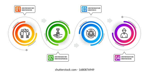 Friends couple, Engineer and Teamwork line icons set. Infographic timeline. Time hourglass sign. Friendship, Worker profile, Employees change. Sand watch. People set. Vector