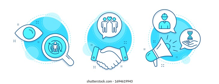 Grupo de amigos, ingeniero y iconos de la línea de trabajo en equipo. Iconos complejos de trato de manos, investigación y promoción. Signo de reloj de arena. Amistad, perfil de trabajador, cambio de empleado. Mirador de arena. Vector